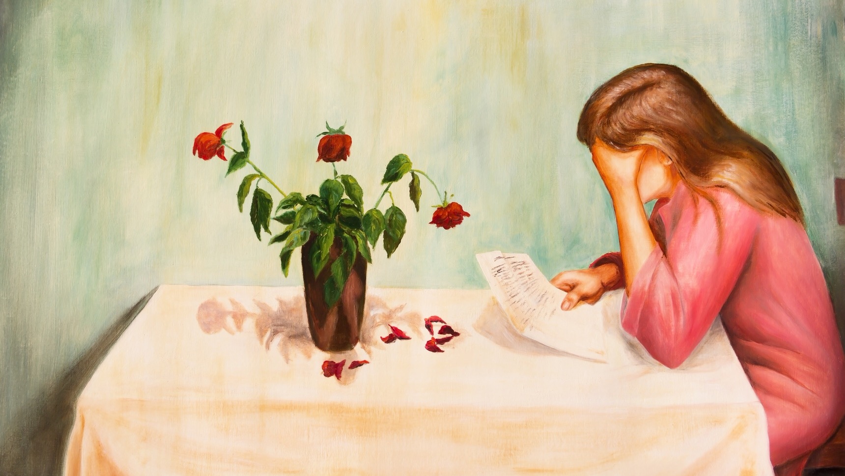 Lonely sad woman reading a letter. Oil painting